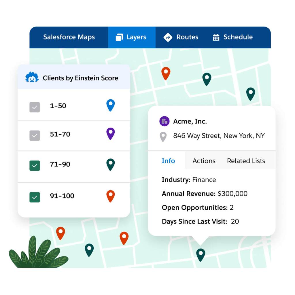 Markers on map show clients sorted and color-coded by Einstein Score with additional info for specific clients. 