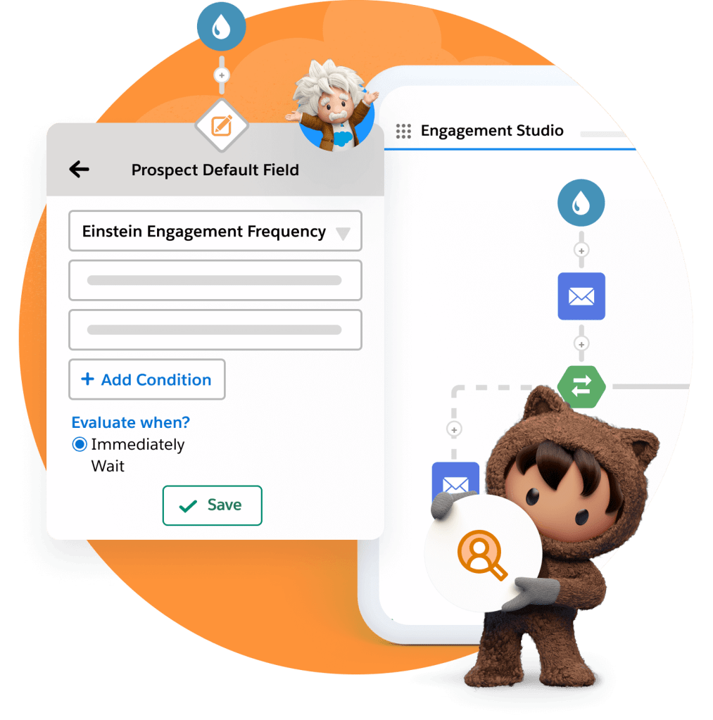 Astro holds a Martketing icon while standing with an Engagement Studio screen.  