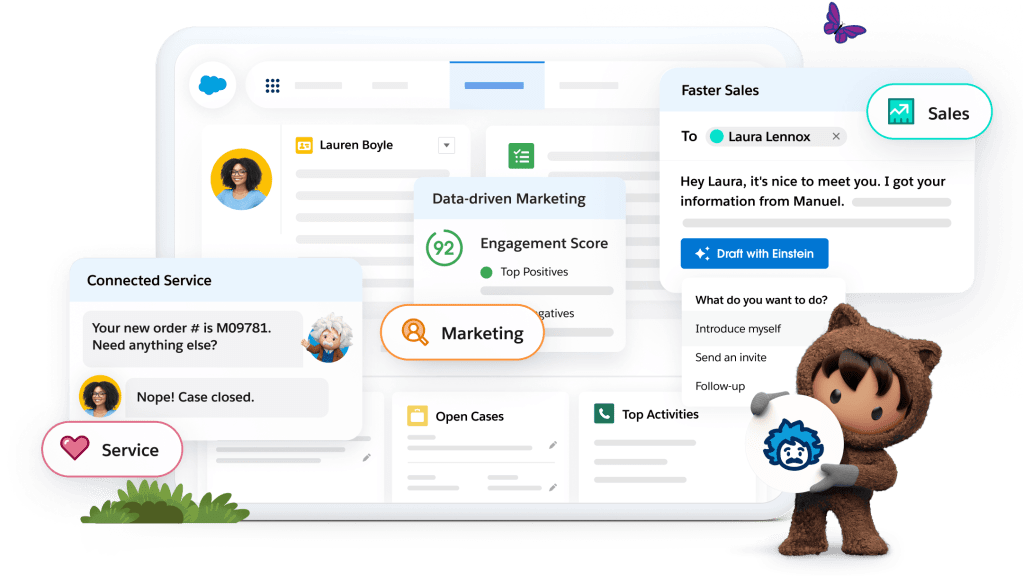 Image of multiple screenshots featuring sales, marketing, service, and Astro with Einstein.