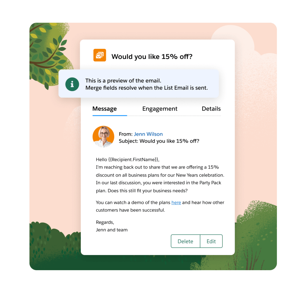 An email segment population list is shown with various sales, service, and marketing filters.