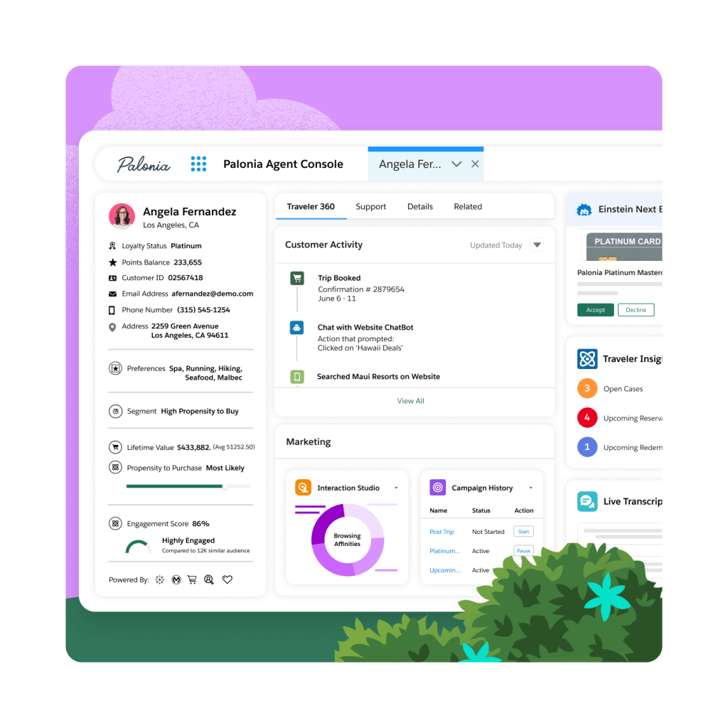 A Palonia agent console with details of traveler activity, campaign history, and marketing.